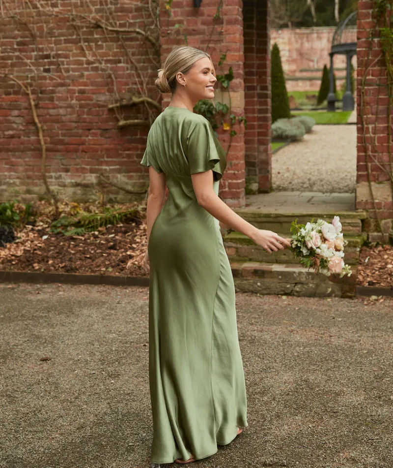 Outlet Six Stories Plunge Batwing Satin Bridesmaid Dress - Moss Green