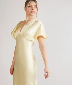 Discount Six Stories Plunge Batwing Satin Bridesmaid Dress - Butter Lemon