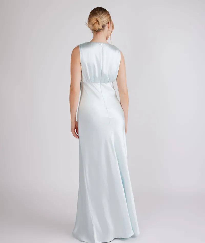 Discount Six Stories Plunge Drape Detail Satin Bridesmaid Dress - Ice Blue