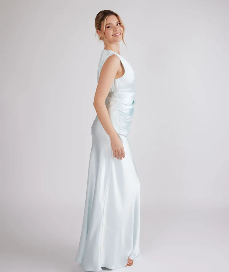 Discount Six Stories Plunge Drape Detail Satin Bridesmaid Dress - Ice Blue
