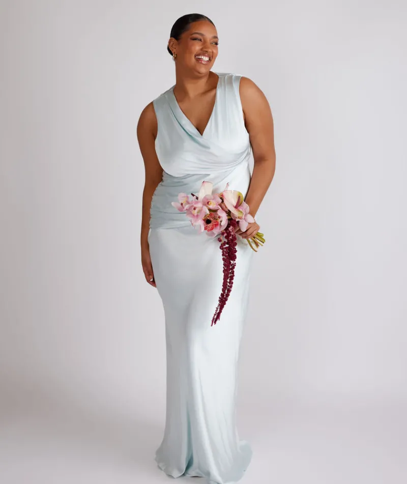 Discount Six Stories Plunge Drape Detail Satin Bridesmaid Dress - Ice Blue