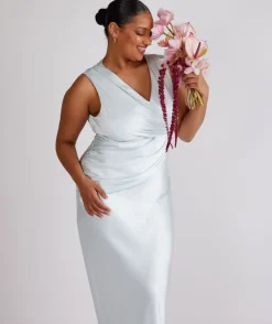 Discount Six Stories Plunge Drape Detail Satin Bridesmaid Dress - Ice Blue