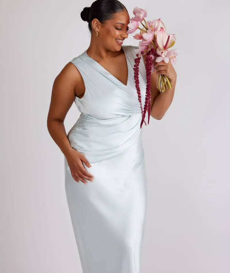 Discount Six Stories Plunge Drape Detail Satin Bridesmaid Dress - Ice Blue