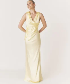 Best Six Stories Plunge Drape Detail Satin Bridesmaid Dress - Butter Lemon