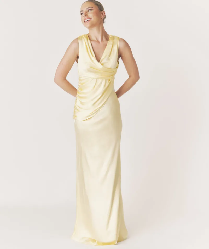 Best Six Stories Plunge Drape Detail Satin Bridesmaid Dress - Butter Lemon