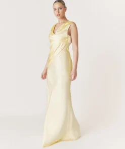 Best Six Stories Plunge Drape Detail Satin Bridesmaid Dress - Butter Lemon