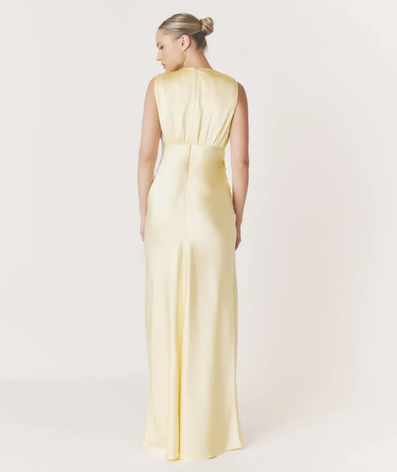 Best Six Stories Plunge Drape Detail Satin Bridesmaid Dress - Butter Lemon