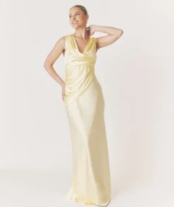 Best Six Stories Plunge Drape Detail Satin Bridesmaid Dress - Butter Lemon