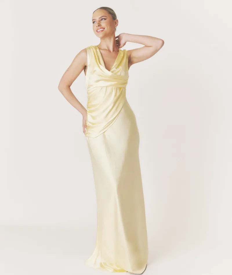 Best Six Stories Plunge Drape Detail Satin Bridesmaid Dress - Butter Lemon