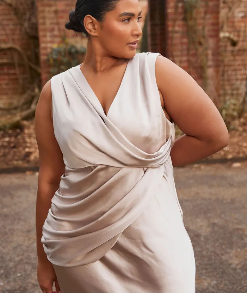New Six Stories Plunge Drape Detail Satin Bridesmaid Dress - Oyster