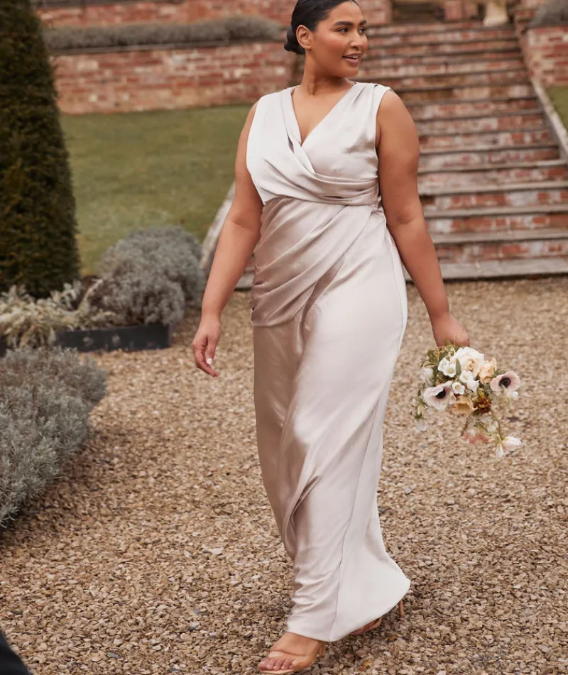New Six Stories Plunge Drape Detail Satin Bridesmaid Dress - Oyster
