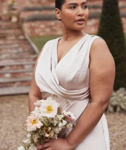New Six Stories Plunge Drape Detail Satin Bridesmaid Dress - Oyster