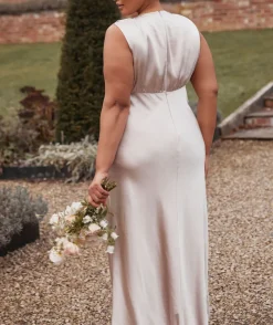 New Six Stories Plunge Drape Detail Satin Bridesmaid Dress - Oyster