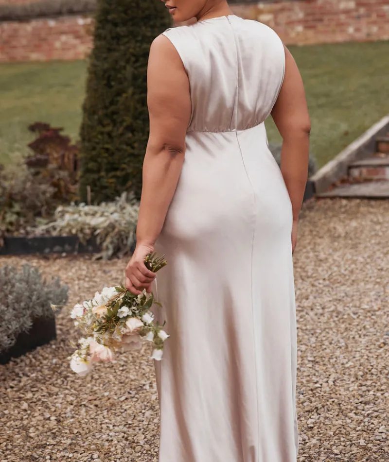 New Six Stories Plunge Drape Detail Satin Bridesmaid Dress - Oyster