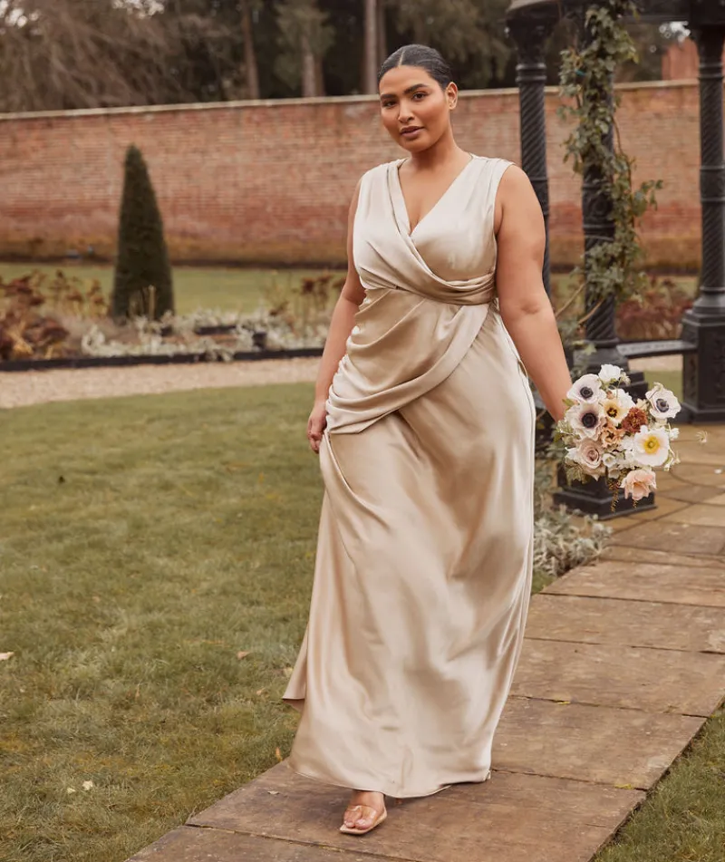 Hot Six Stories Plunge Drape Detail Satin Bridesmaid Dress - Champagne