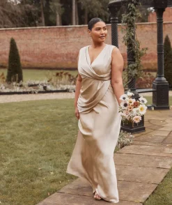 Hot Six Stories Plunge Drape Detail Satin Bridesmaid Dress - Champagne
