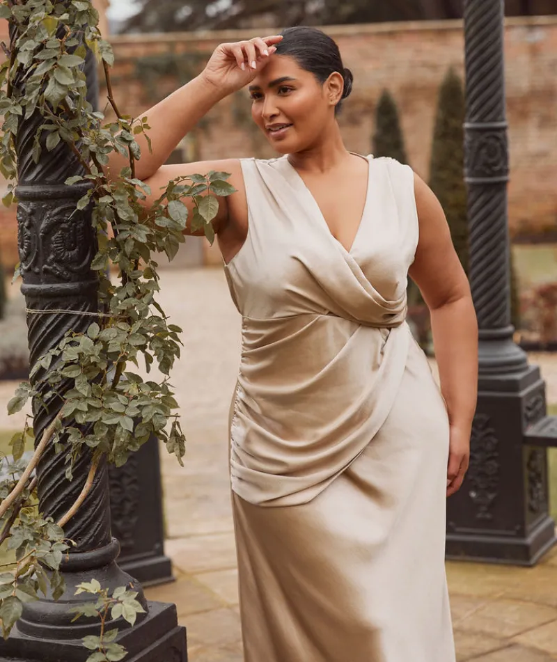 Hot Six Stories Plunge Drape Detail Satin Bridesmaid Dress - Champagne