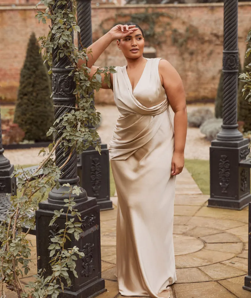 Hot Six Stories Plunge Drape Detail Satin Bridesmaid Dress - Champagne