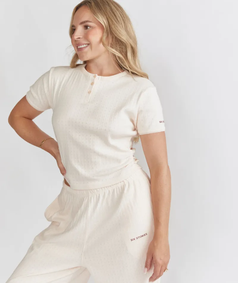 Discount Six Stories Pointelle Short Sleeve Pyjama Top - Rosewater