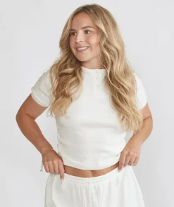 Six Stories Pointelle Short Sleeve Pyjama Top - Coconut