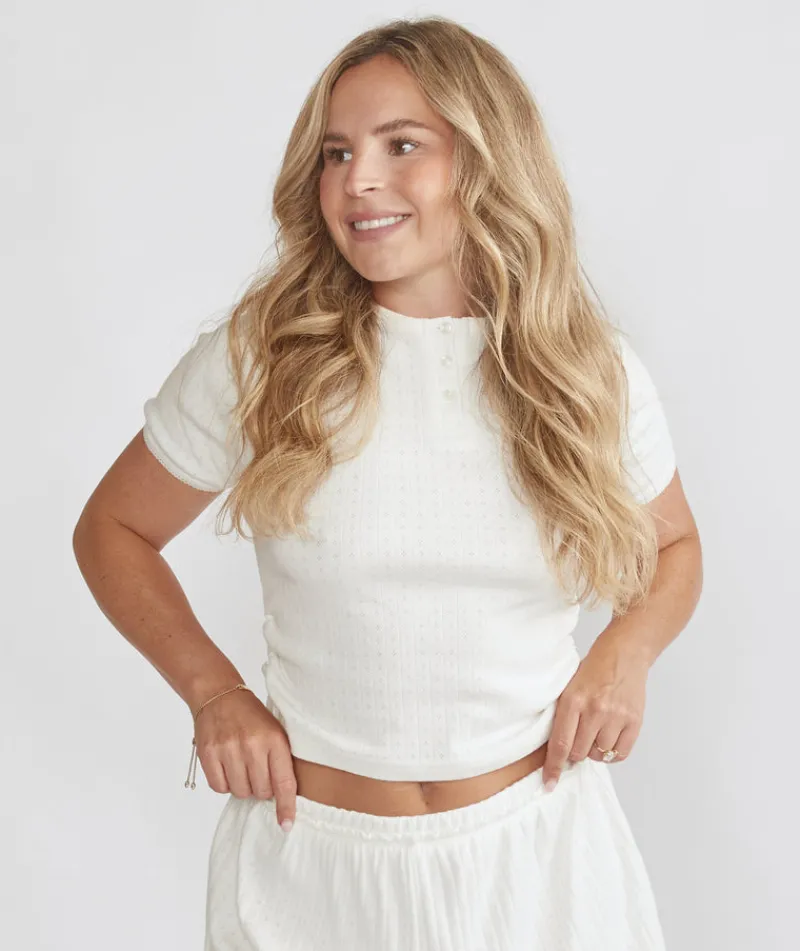 Six Stories Pointelle Short Sleeve Pyjama Top - Coconut