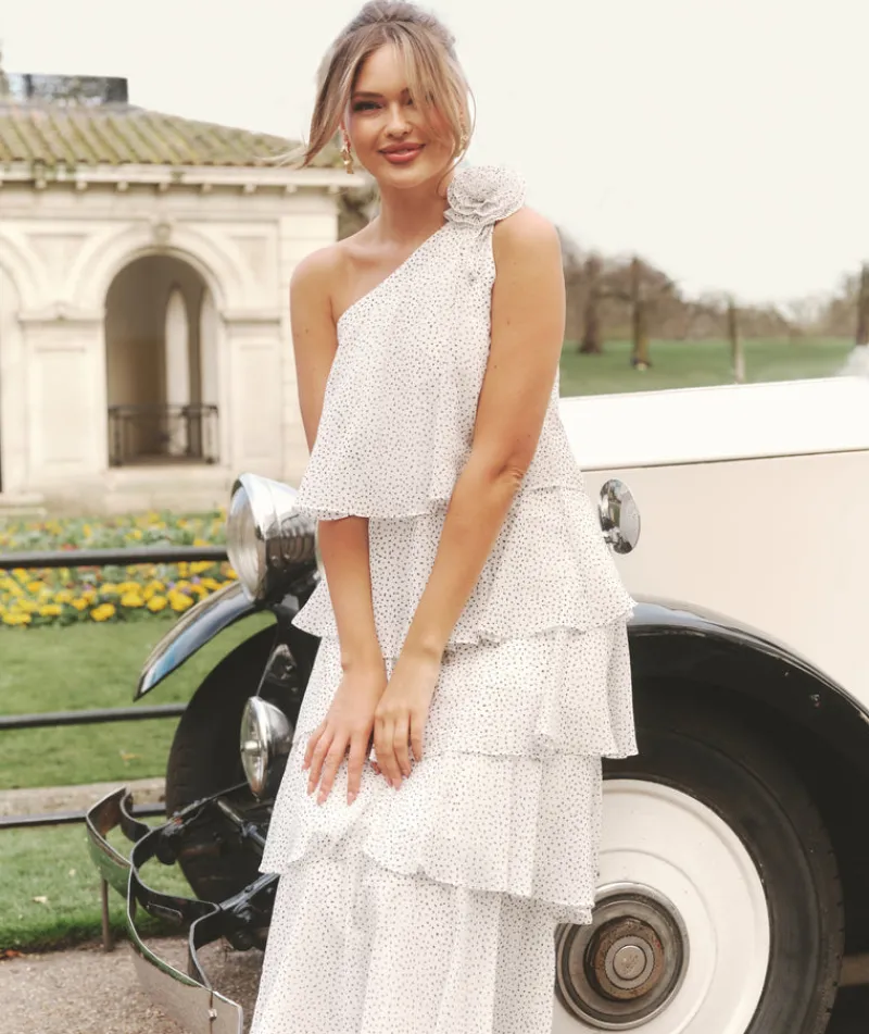 New Six Stories Polka Corsage Tiered Midaxi Dress - White