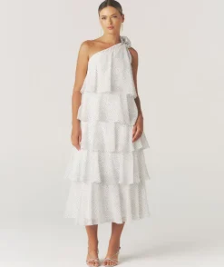 New Six Stories Polka Corsage Tiered Midaxi Dress - White