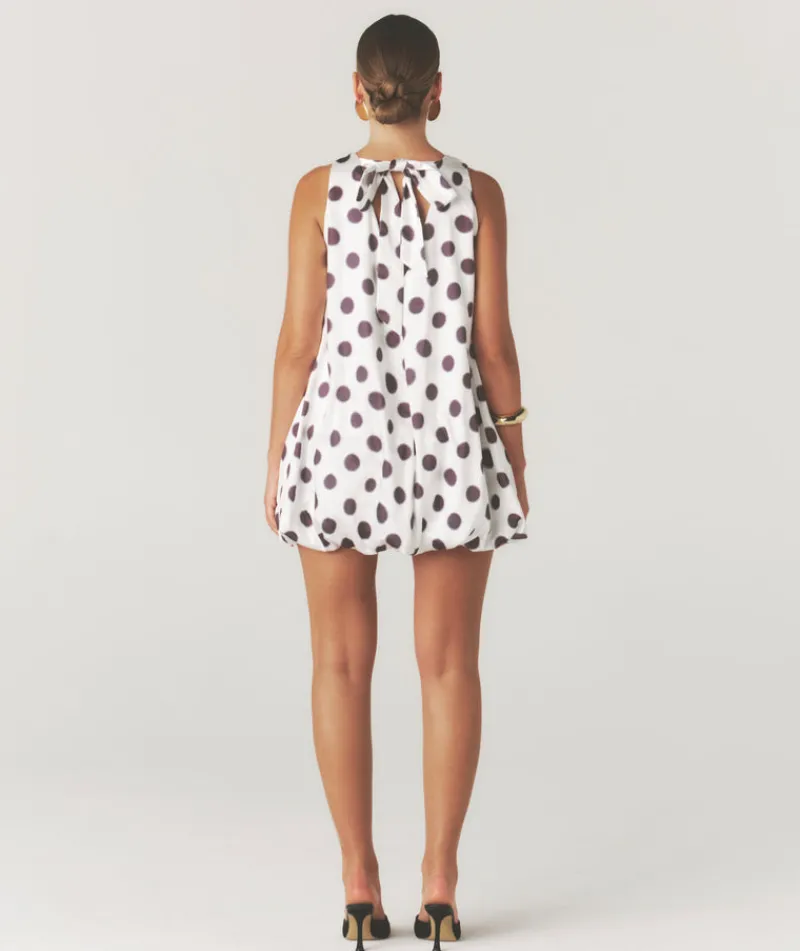 Hot Six Stories Polka Dot Satin Puff Ball Mini Dress - White