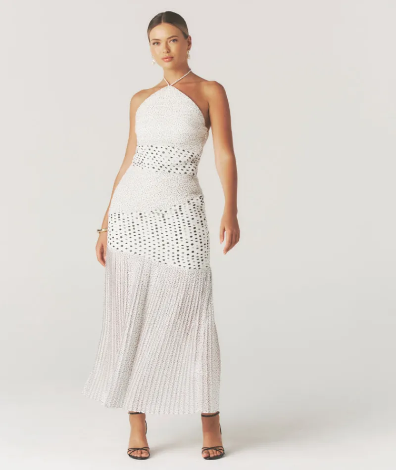 Outlet Six Stories Polka Halter Neck Pleated Midaxi Dress - White