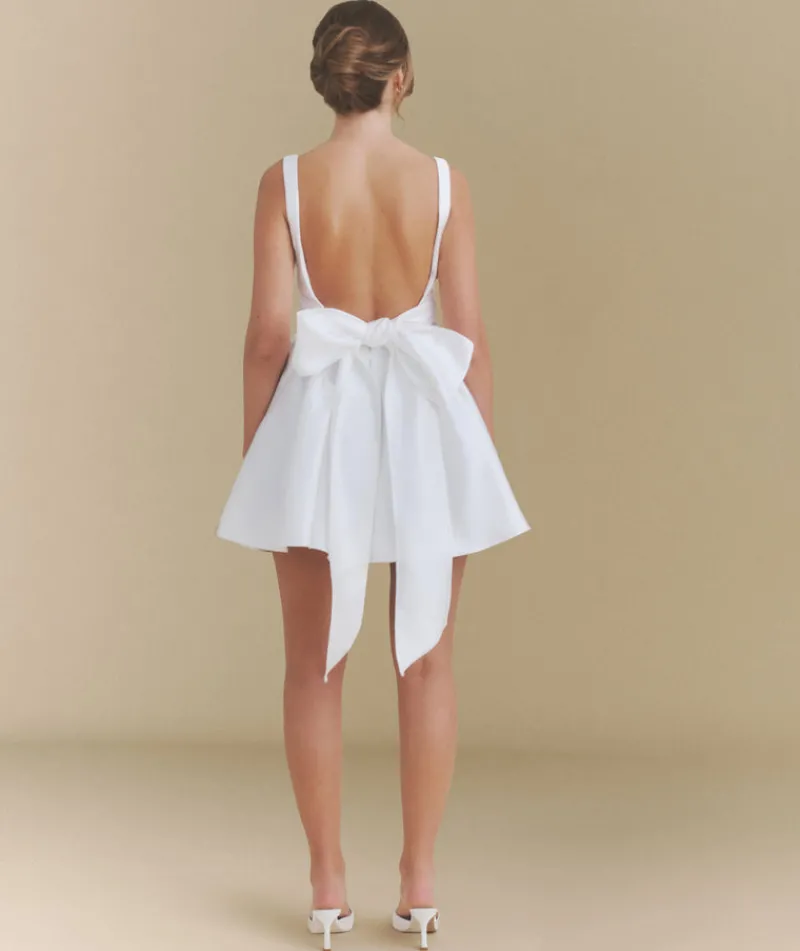 New Six Stories Satin Bow Back Pleated Skirt Mini Dress - White