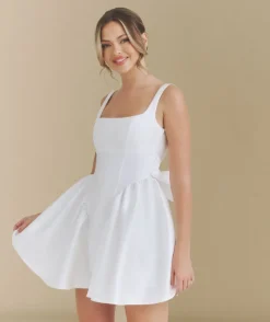 New Six Stories Satin Bow Back Pleated Skirt Mini Dress - White