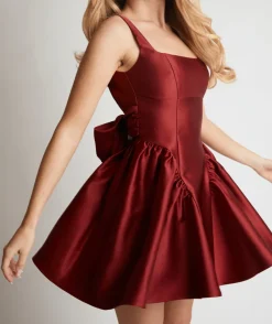 Clearance Six Stories Satin Bow Back Pleated Skirt Mini Dress - Ruby