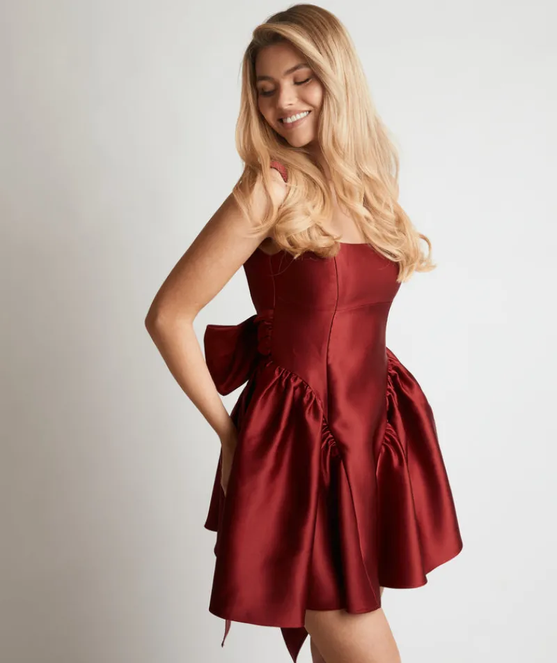 Clearance Six Stories Satin Bow Back Pleated Skirt Mini Dress - Ruby