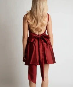 Clearance Six Stories Satin Bow Back Pleated Skirt Mini Dress - Ruby