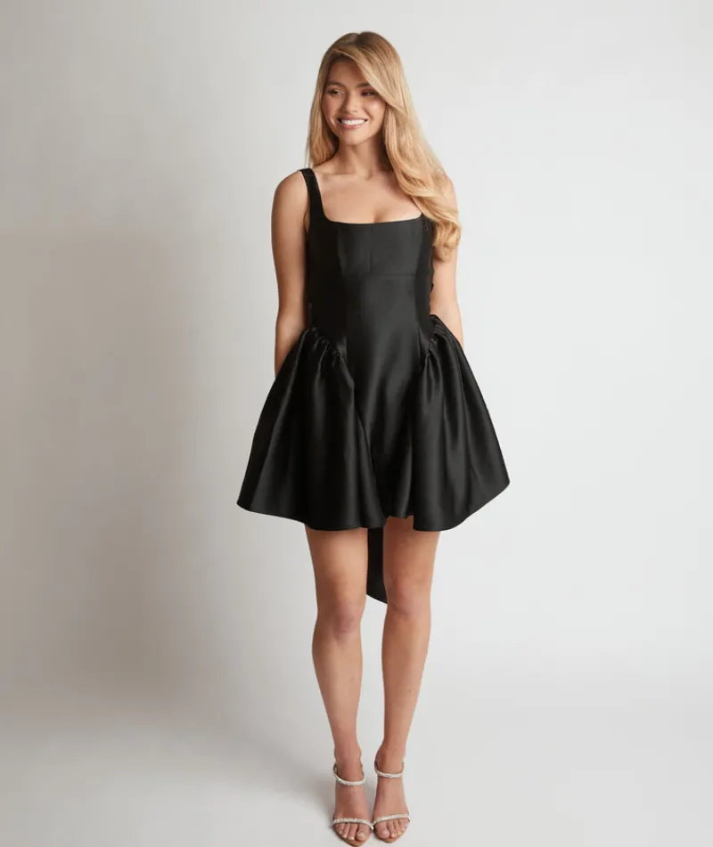 Sale Six Stories Satin Bow Back Pleated Skirt Mini Dress - Black