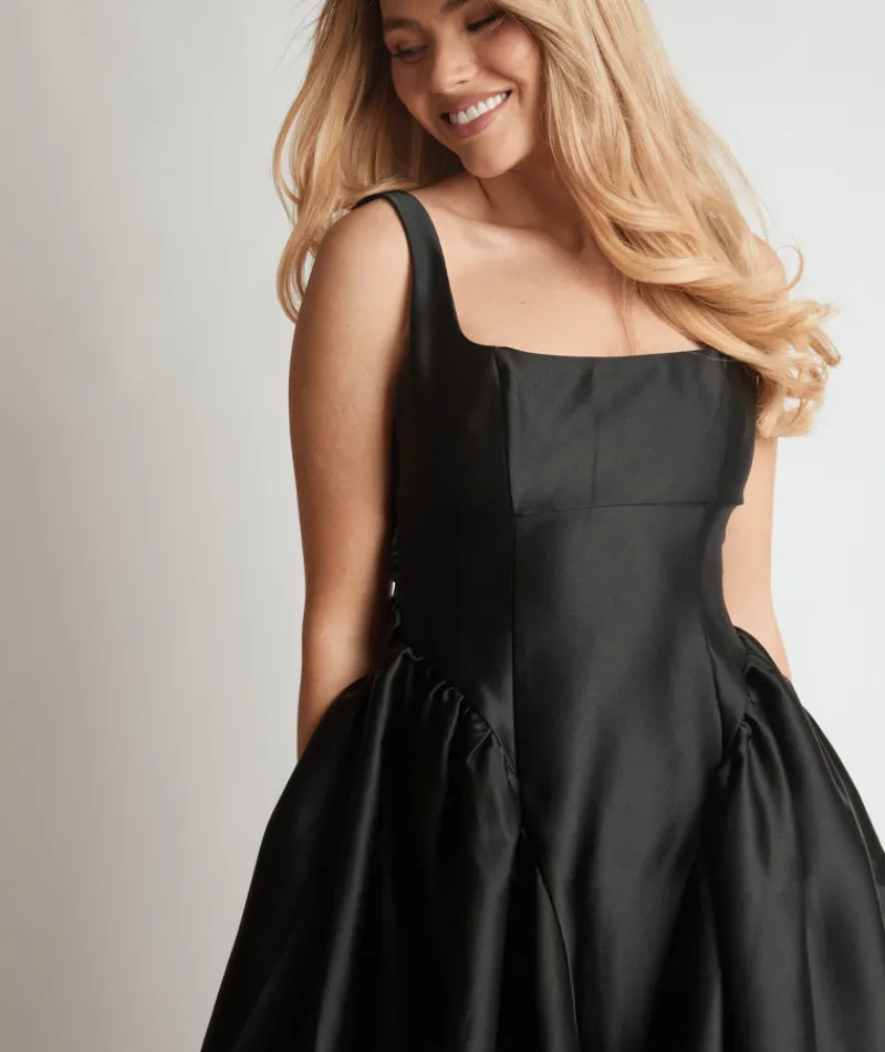 Sale Six Stories Satin Bow Back Pleated Skirt Mini Dress - Black