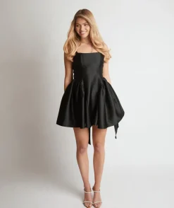Sale Six Stories Satin Bow Back Pleated Skirt Mini Dress - Black