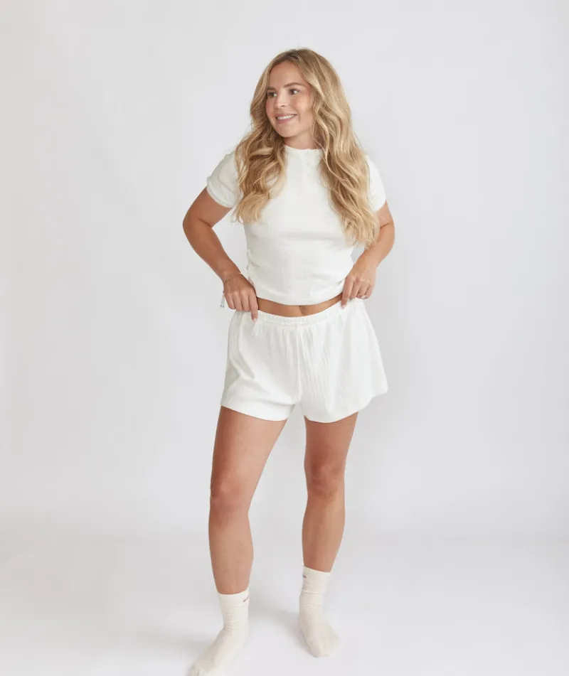 New Six Stories Short Sleeve Pointelle Top & Pointelle Pyjama Short Set - Coconut