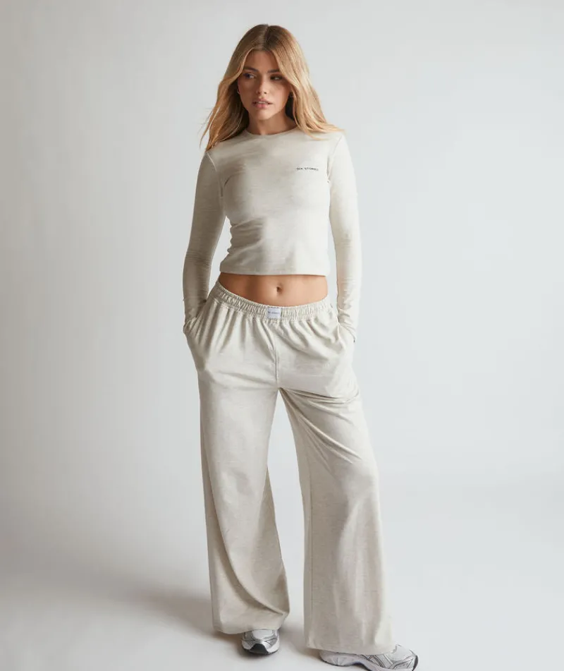 Hot Six Stories Soft Wide Leg Lounge Trousers - Oatmeal Marl