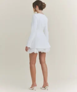 Clearance Six Stories Split Sleeve Bubble Hem Mini Dress - White