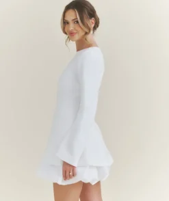 Clearance Six Stories Split Sleeve Bubble Hem Mini Dress - White