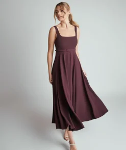 New Six Stories Square Neck Belted Midi Dress - Burgundy