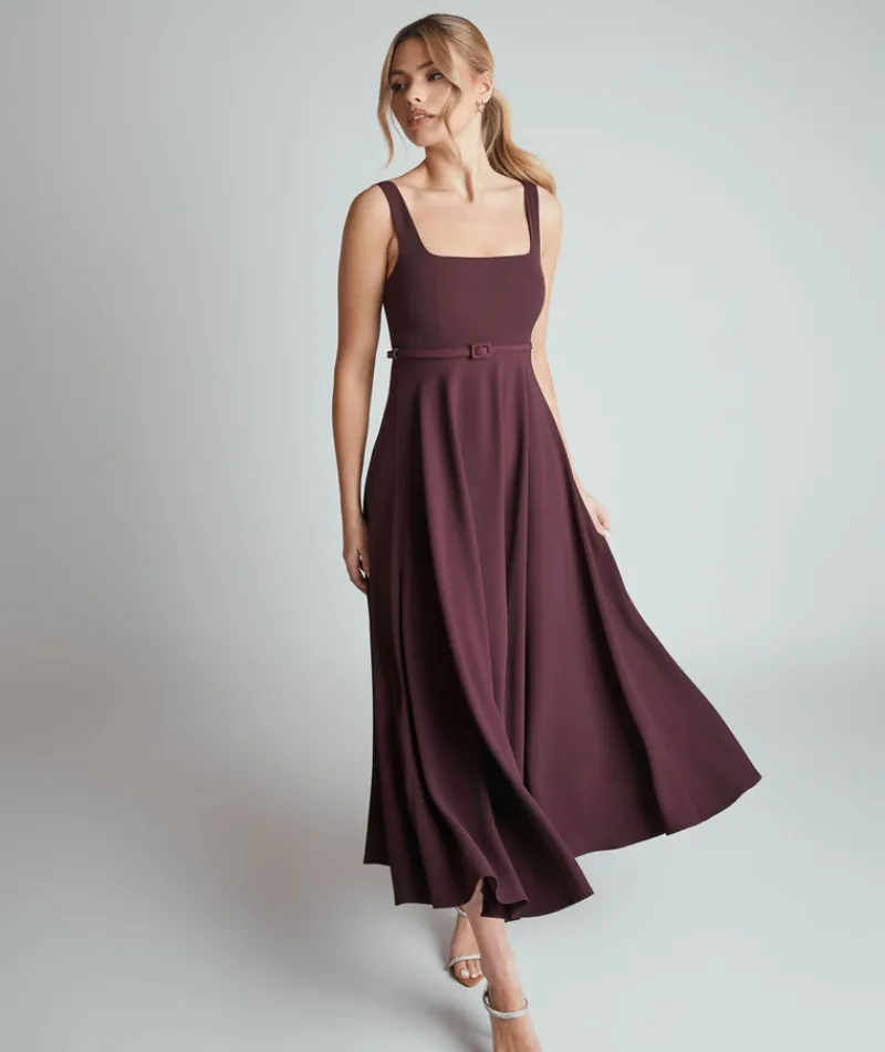 New Six Stories Square Neck Belted Midi Dress - Burgundy