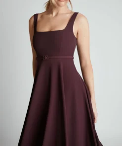 New Six Stories Square Neck Belted Midi Dress - Burgundy