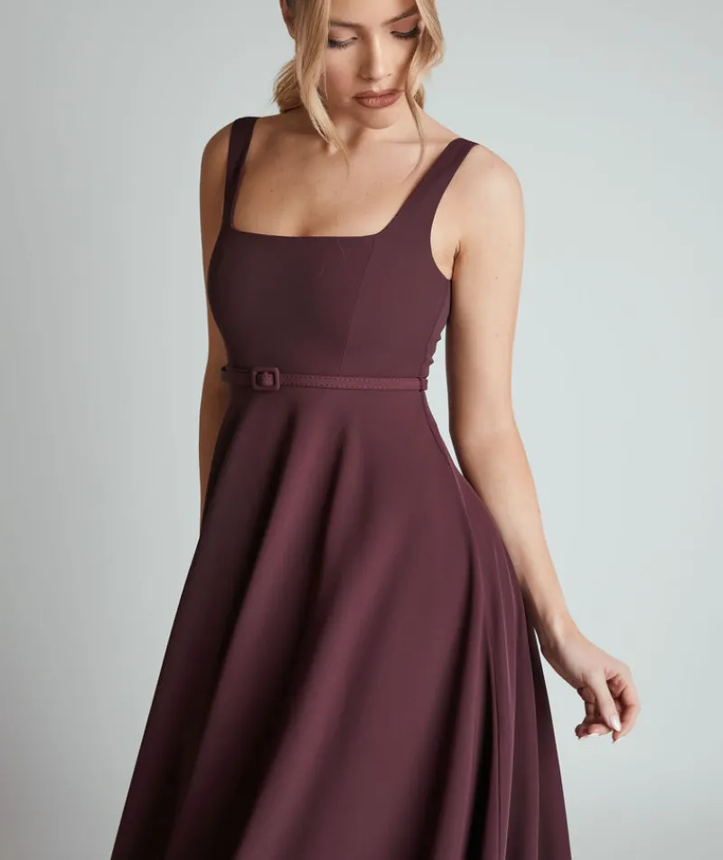 New Six Stories Square Neck Belted Midi Dress - Burgundy