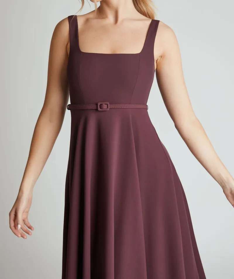 New Six Stories Square Neck Belted Midi Dress - Burgundy