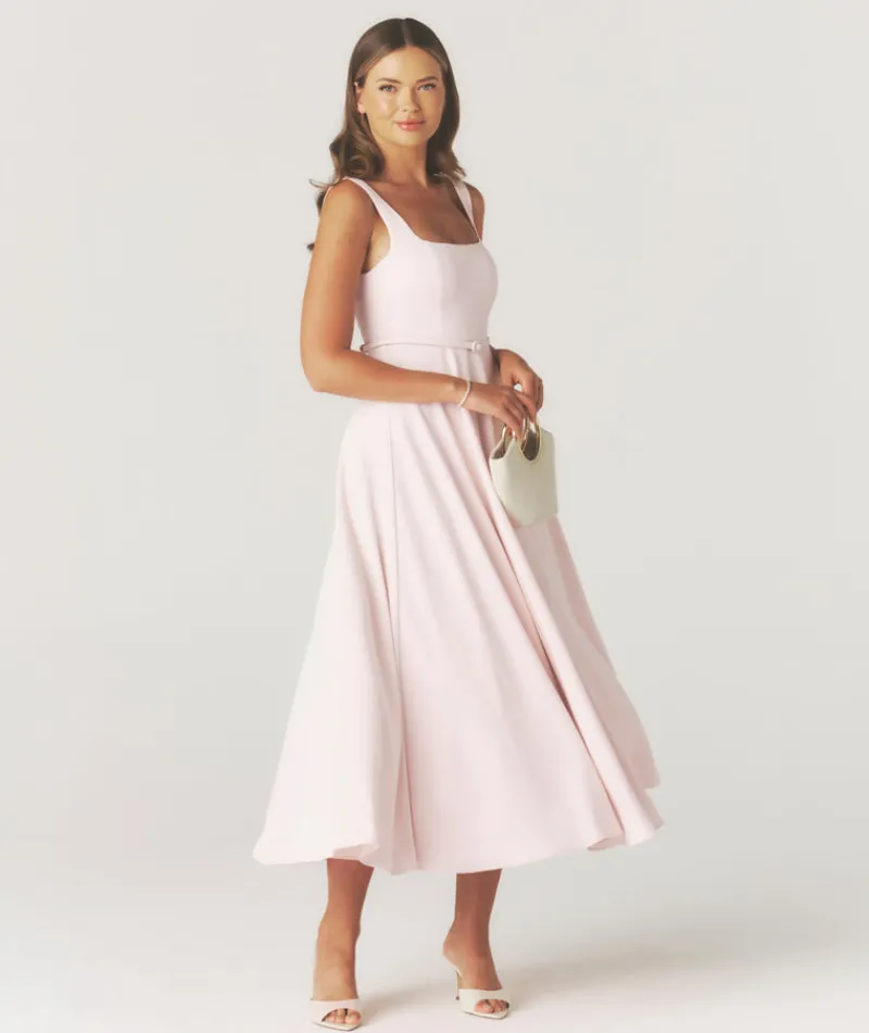 Six Stories Square Neck Belted Midi Dress - Pale Pink