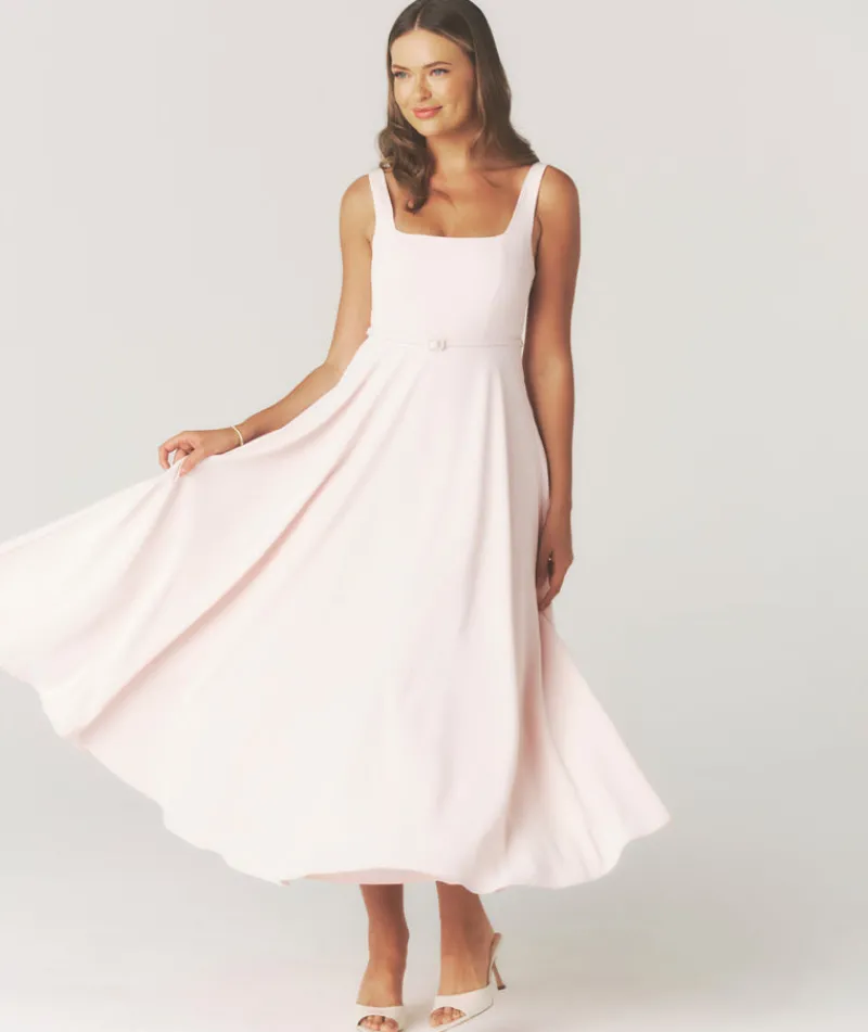 Six Stories Square Neck Belted Midi Dress - Pale Pink