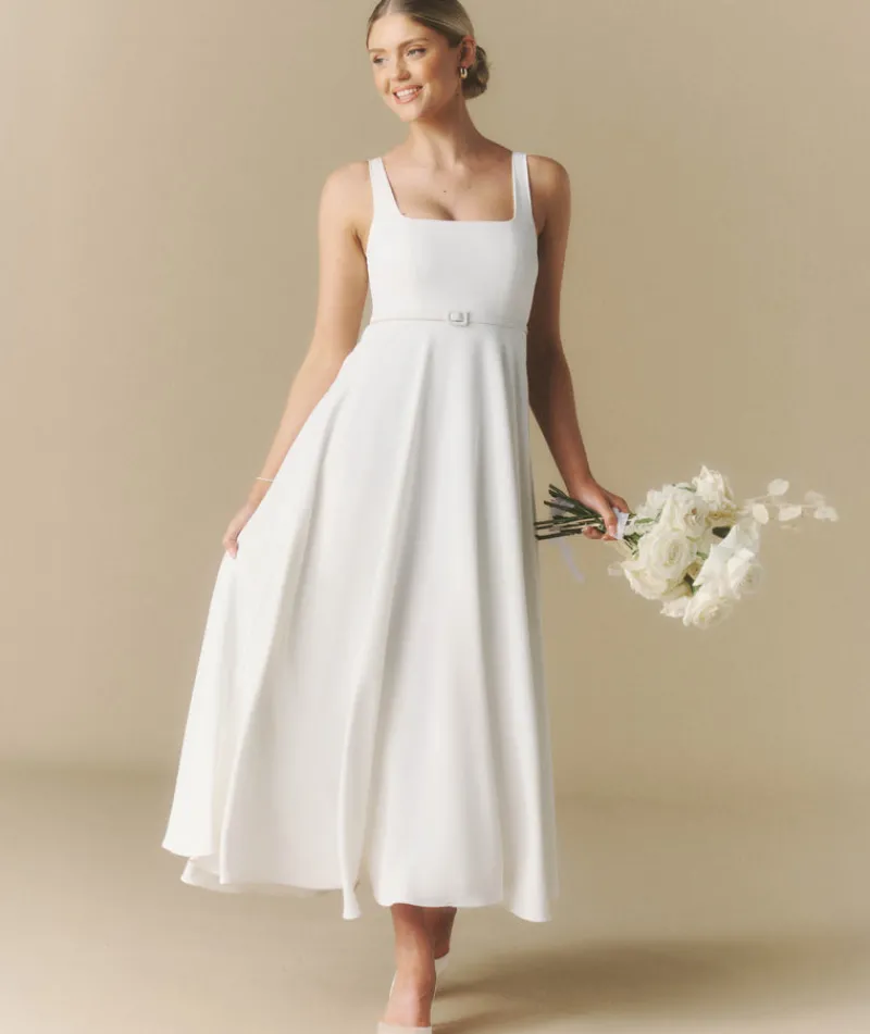 Hot Six Stories Square Neck Belted Midi Dress - White