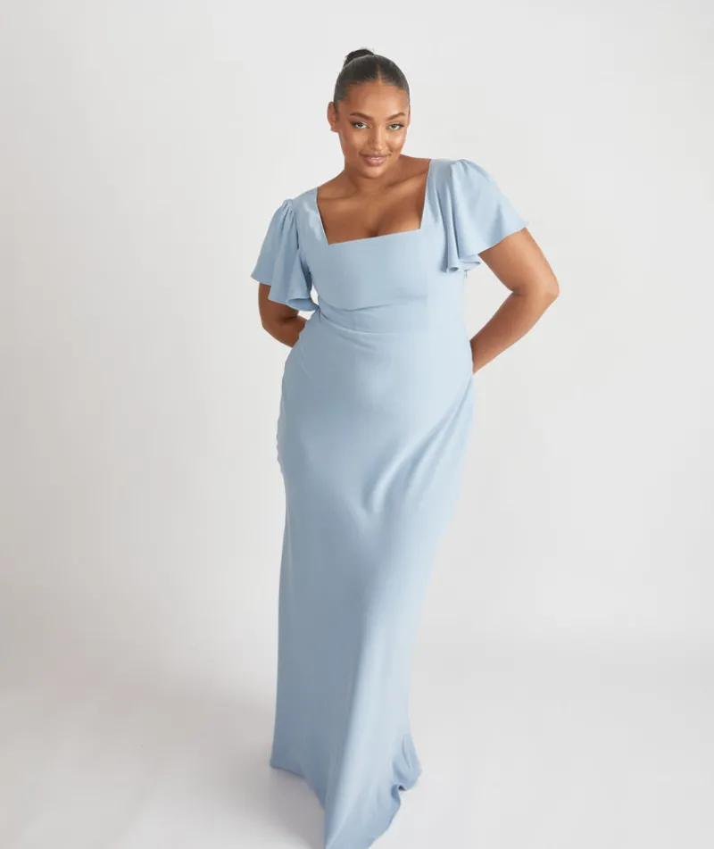 Sale Six Stories Square Neck Flutter Sleeve Crepe Bridesmaid Dress - Pale Blue